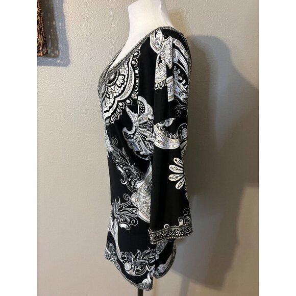 WHBM Mini Dress M Medium Tunic Top Black White Paisley Washable - Picture 4 of 6